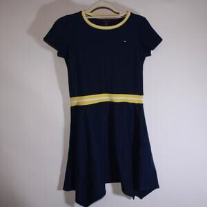 Tommy Hilfiger Girls Navy Blue Pleated Dress With Yellow Stripes Size XL